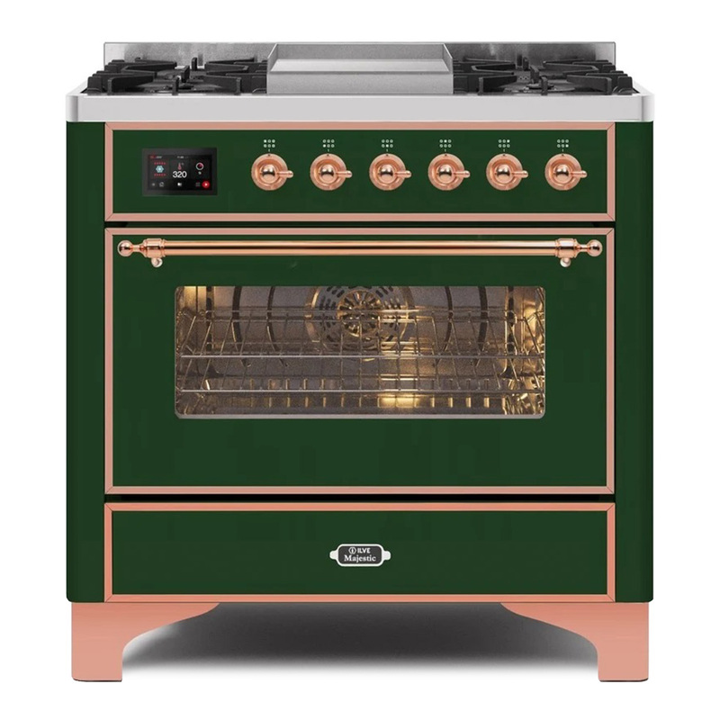 ILVE UM09FDNS3EGPLP Majestic II 36" Dual Fuel Range  (Emerald Green, Copper, Liquid Propane, Triple Glass Door)