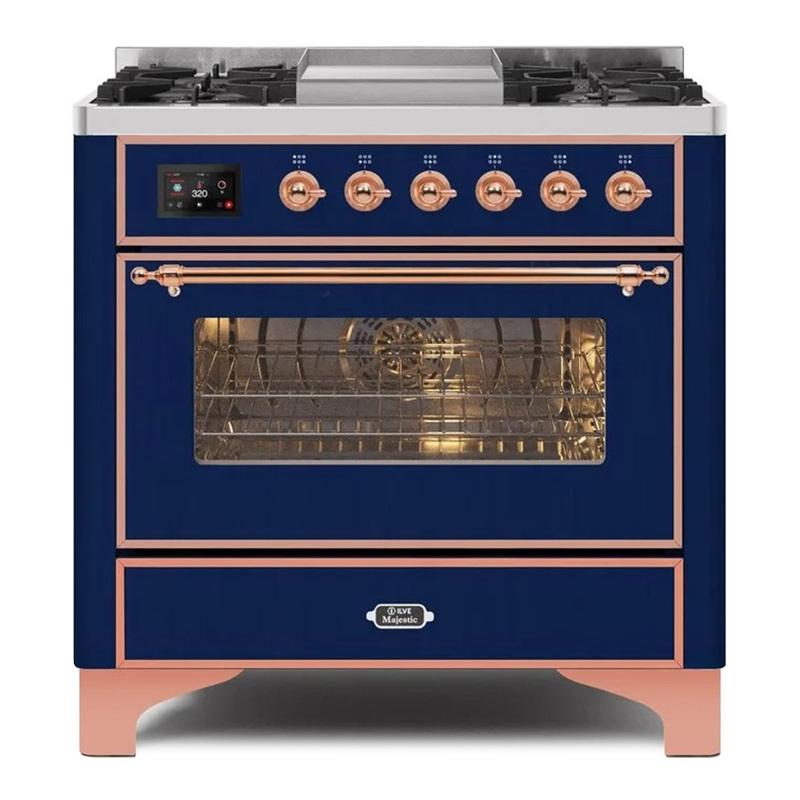 ILVE UM09FDNS3MBPLP Majestic II 36" Dual Fuel Range  (Midnight Blue, Copper, Liquid Propane, Triple Glass Door)