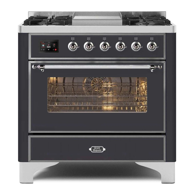 ILVE UM09FDNS3MGCLP Majestic II 36" Dual Fuel Range  (Graphite Matte, Chrome, Liquid Propane, Triple Glass Door)