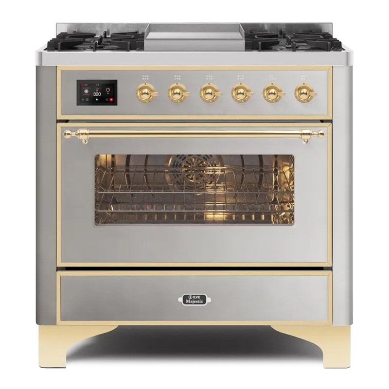 ILVE UM09FDNS3SSGLP Majestic II 36" Dual Fuel Range  (Stainless Steel, Brass, Liquid Propane, Triple Glass Door)