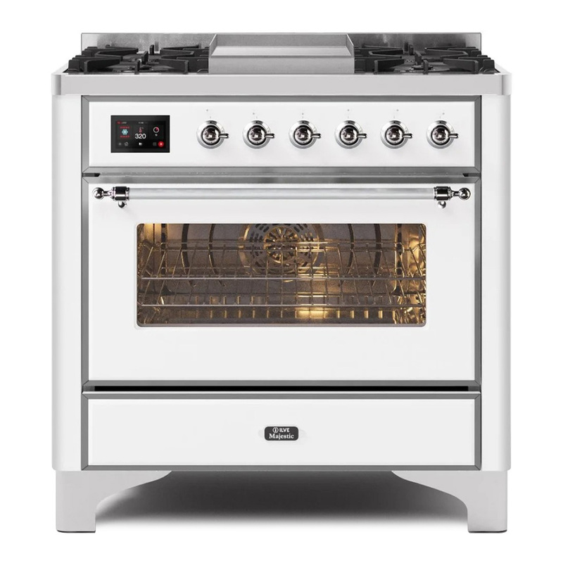 ILVE UM09FDNS3WHCLP Majestic II 36" Dual Fuel Range  (White, Chrome, Liquid Propane, Triple Glass Door)