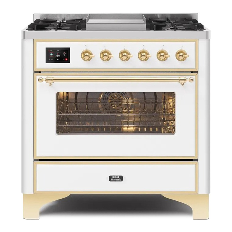 ILVE UM09FDNS3WHGLP Majestic II 36" Dual Fuel Range  (White, Brass, Liquid Propane, Triple Glass Door)