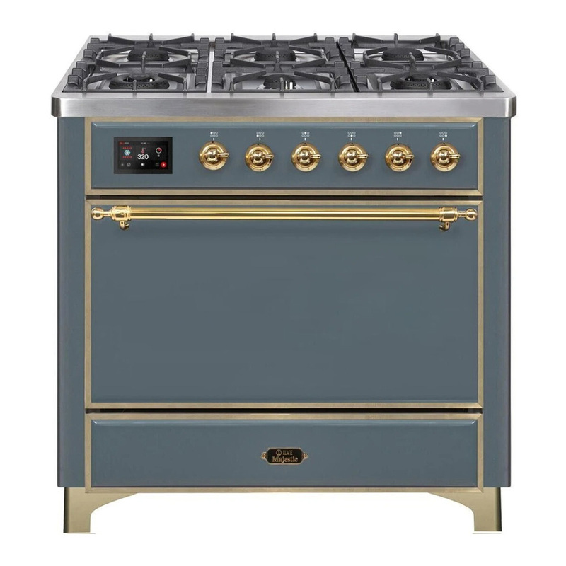 ILVE UM09FDQNS3BGGLP Majestic II 36" Dual Fuel Range  (Blue Grey, Brass, Liquid Propane, Solid Door)