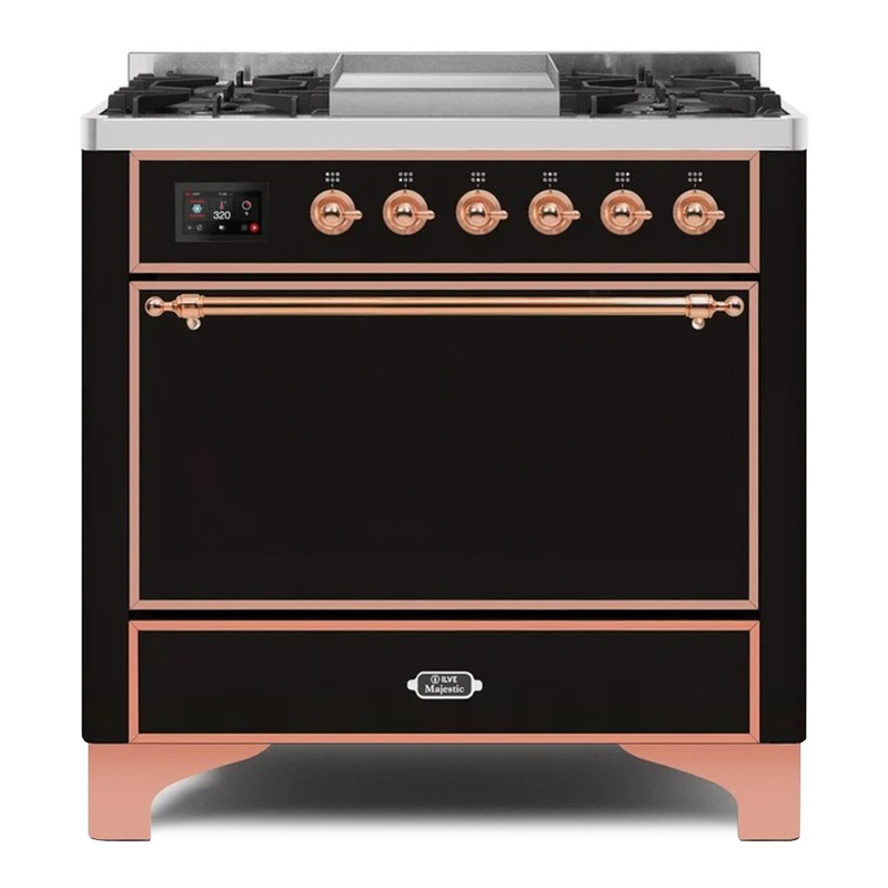 ILVE UM09FDQNS3BKPLP Majestic II 36" Dual Fuel Range  (Glossy Black, Copper, Liquid Propane, Solid Door)