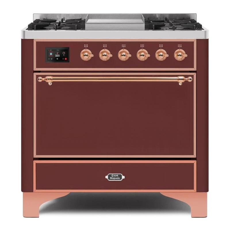 ILVE UM09FDQNS3BUPLP Majestic II 36" Dual Fuel Range  (Burgundy, Copper, Liquid Propane, Solid Door)