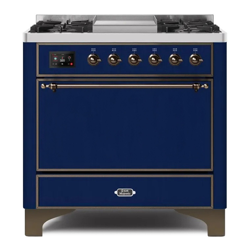 ILVE UM09FDQNS3MBBLP Majestic II 36" Dual Fuel Range  (Midnight Blue, Burnished, Liquid Propane, Solid Door)