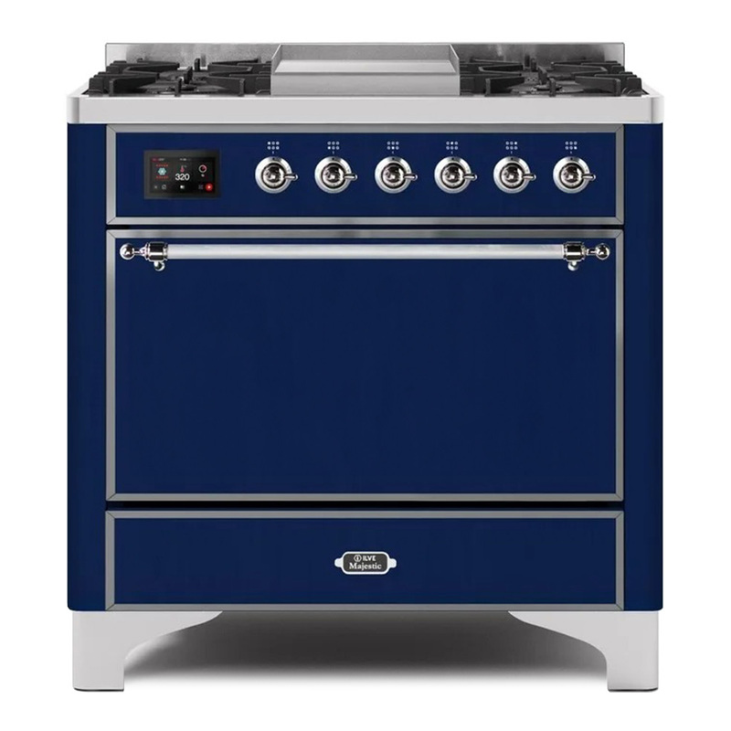 ILVE UM09FDQNS3MBCLP Majestic II 36" Dual Fuel Range  (Midnight Blue, Chrome, Liquid Propane, Solid Door)