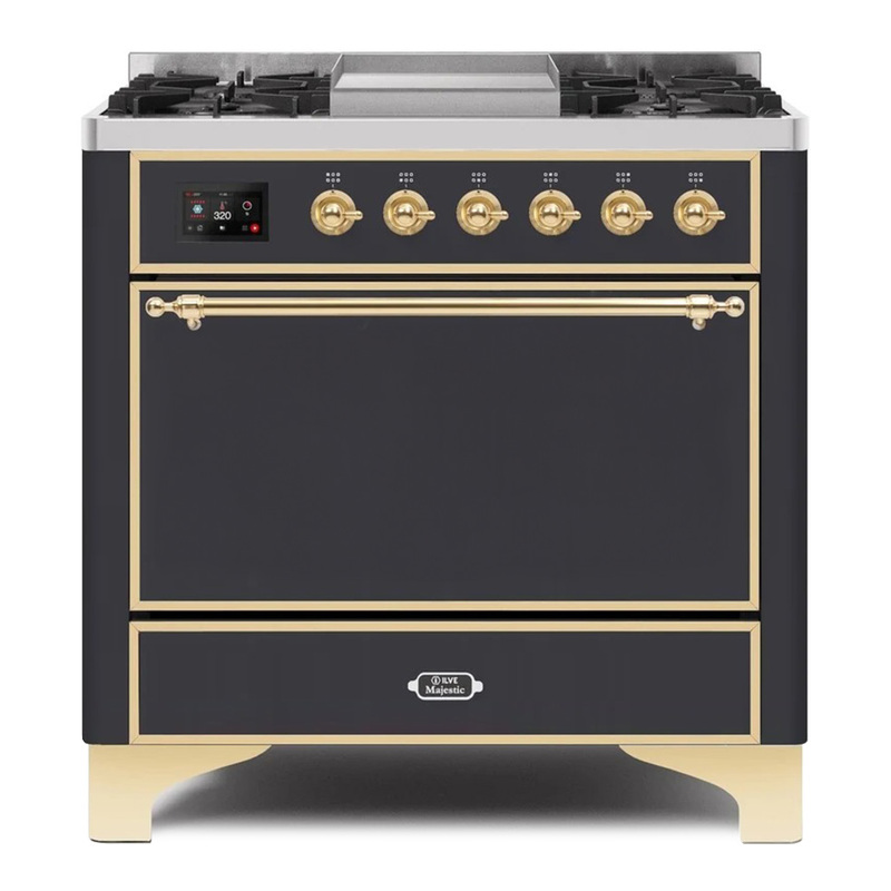 ILVE UM09FDQNS3MGGLP Majestic II 36" Dual Fuel Range  (Graphite Matte, Brass, Liquid Propane, Solid Door)