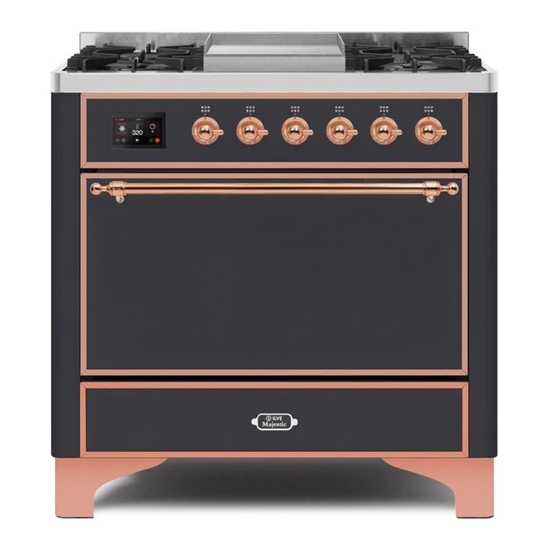 ILVE UM09FDQNS3MGPLP Majestic II 36" Dual Fuel Range  (Graphite Matte, Copper, Liquid Propane, Solid Door)