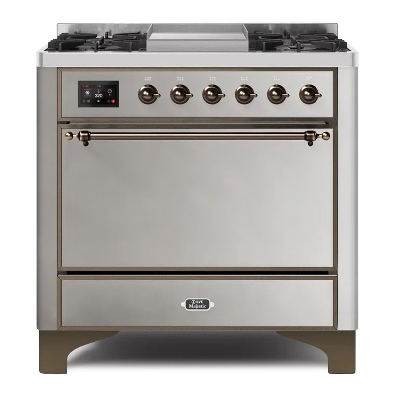 ILVE UM09FDQNS3SSBLP Majestic II 36" Dual Fuel Range  (Stainless Steel, Bronze, Liquid Propane, Solid Door)