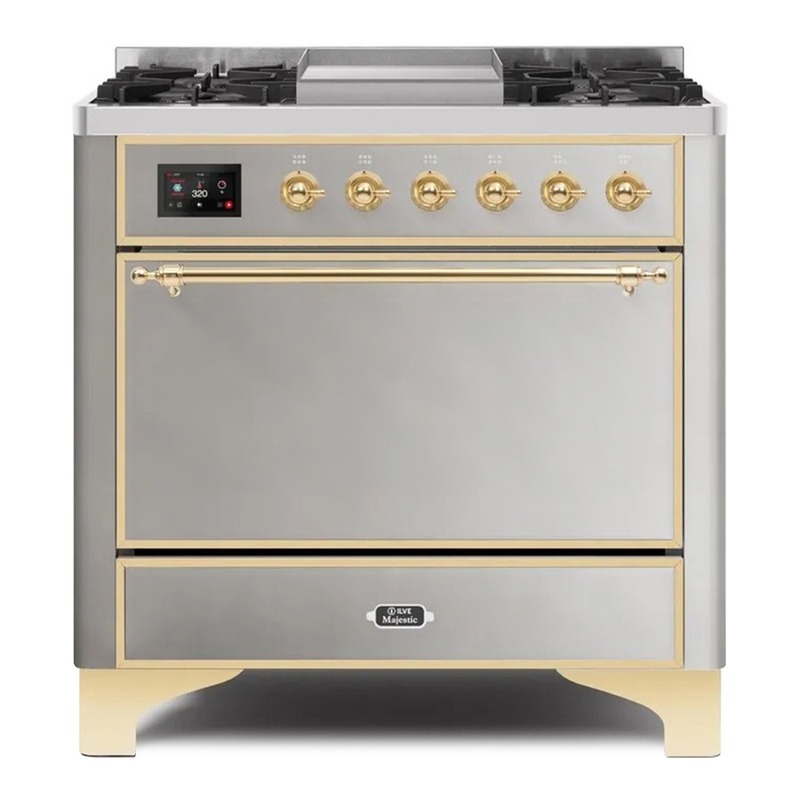 ILVE UM09FDQNS3SSGLP Majestic II 36" Dual Fuel Range  (Stainless Steel, Brass, Liquid Propane, Solid Door)