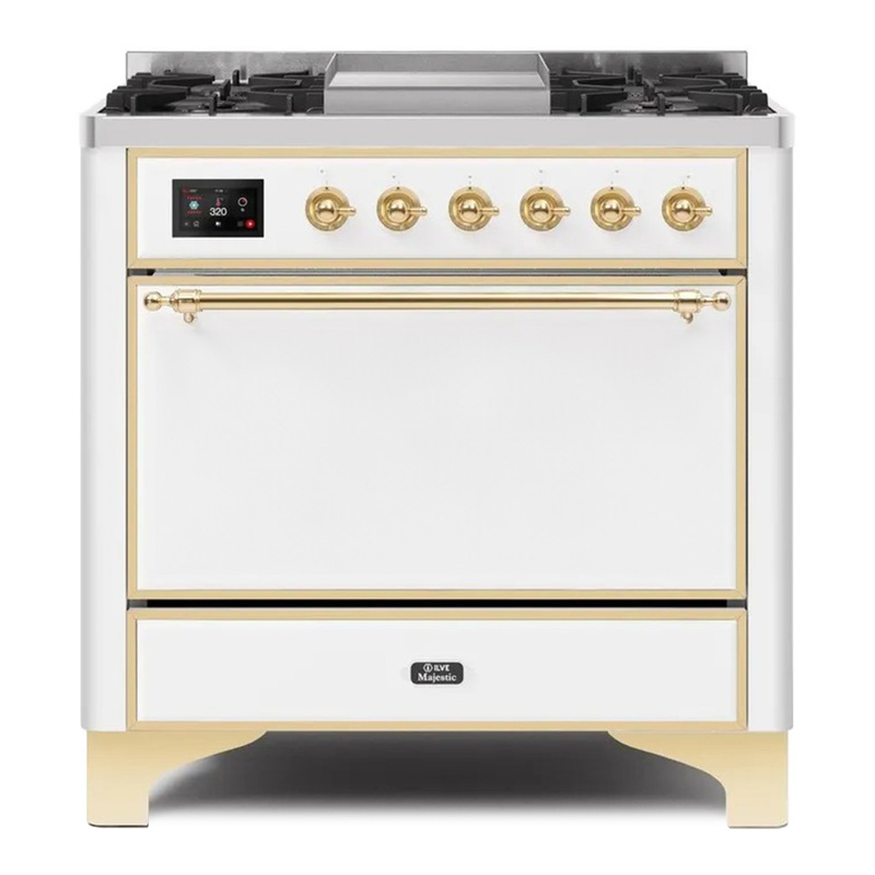 ILVE UM09FDQNS3WHGLP Majestic II 36" Dual Fuel Range  (White, Brass, Liquid Propane, Solid Door)