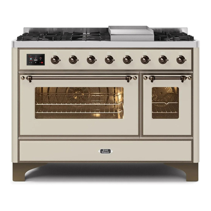 ILVE UM12FDNS3AWBLP Majestic II 48" Dual Fuel Range (Liquid Propane, Triple Glass Door, Antique White, Burnished)