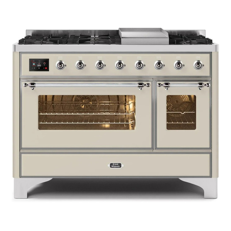 ILVE UM12FDNS3AWCLP Majestic II 48" Dual Fuel Range (Liquid Propane, Triple Glass Door, Antique White, Chrome)