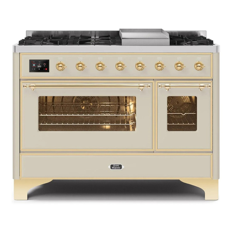 ILVE UM12FDNS3AWGLP Majestic II 48" Dual Fuel Range (Liquid Propane, Triple Glass Door, Antique White, Brass)