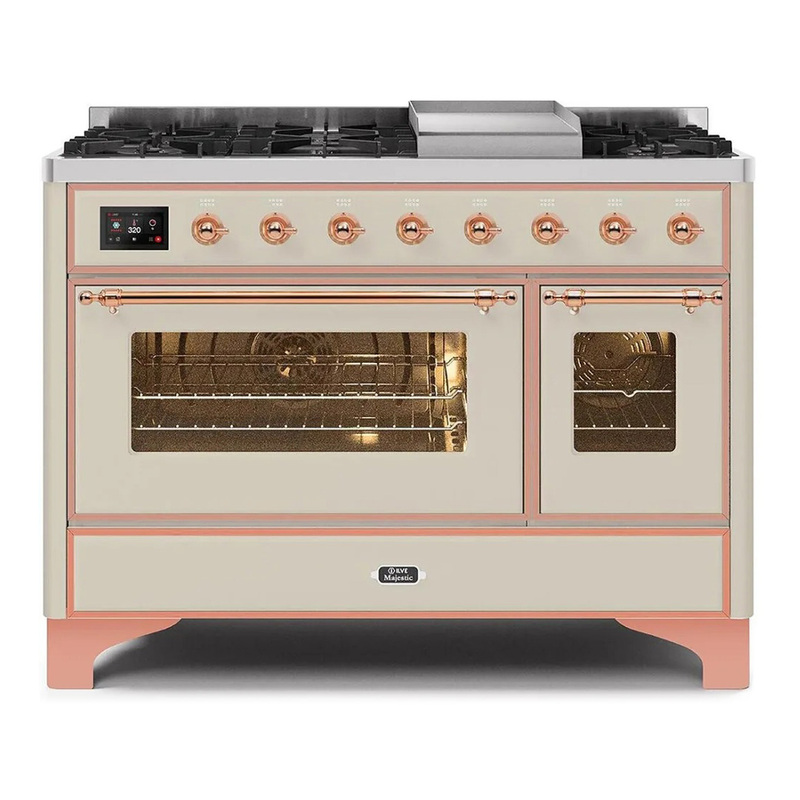 ILVE UM12FDNS3AWPLP Majestic II 48" Dual Fuel Range (Liquid Propane, Triple Glass Door, Antique White, Copper)