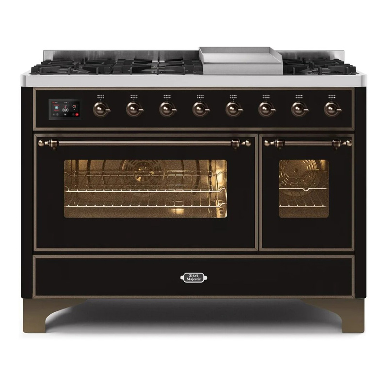 ILVE UM12FDNS3BKBLP Majestic II 48" Dual Fuel Range (Liquid Propane, Triple Glass Door, Glossy Black, Burnished)