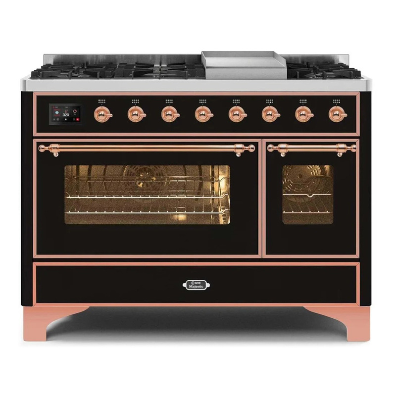 ILVE UM12FDNS3BKPLP Majestic II 48" Dual Fuel Range (Liquid Propane, Triple Glass Door, Glossy Black, Copper)