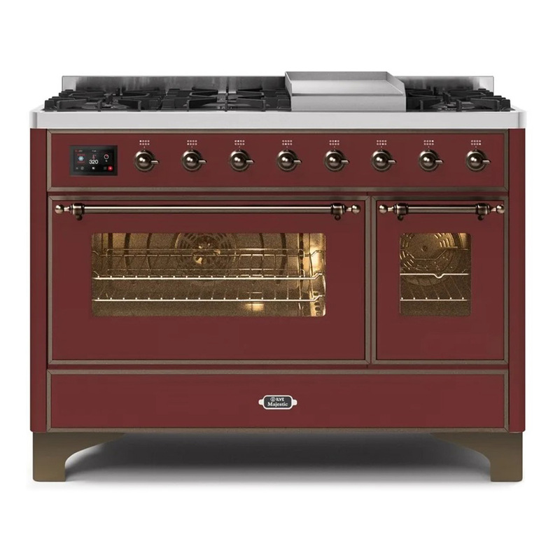 ILVE UM12FDNS3BUBLP Majestic II 48" Dual Fuel Range (Liquid Propane, Triple Glass Door, Burgundy, Burnished)