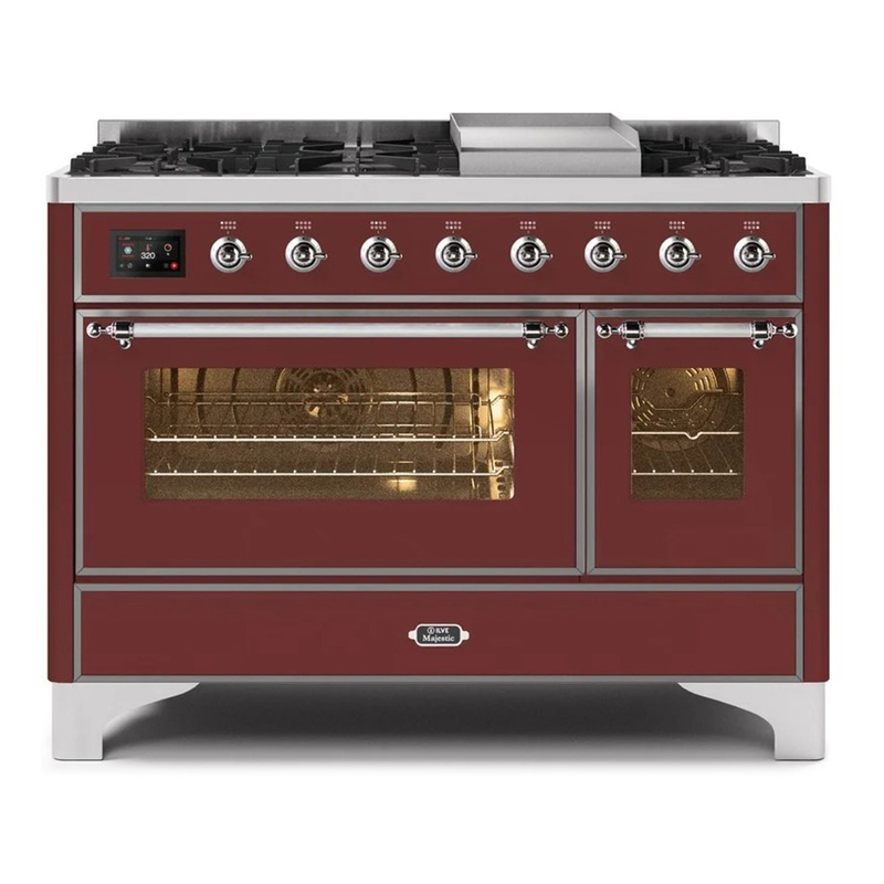 ILVE UM12FDNS3BUCLP Majestic II 48" Dual Fuel Range (Liquid Propane, Triple Glass Door, Burgundy, Chrome)