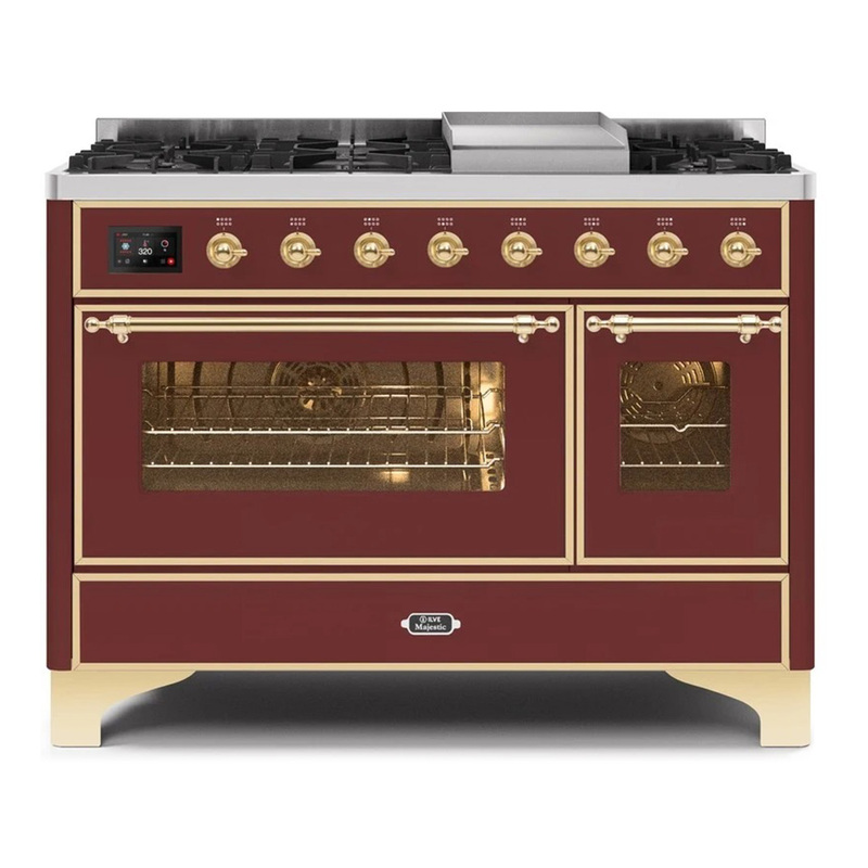 ILVE UM12FDNS3BUGLP Majestic II 48" Dual Fuel Range (Liquid Propane, Triple Glass Door, Burgundy, Brass)