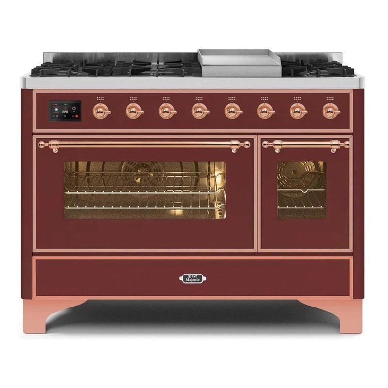 ILVE UM12FDNS3BUPLP Majestic II 48" Dual Fuel Range (Liquid Propane, Triple Glass Door, Burgundy, Copper)