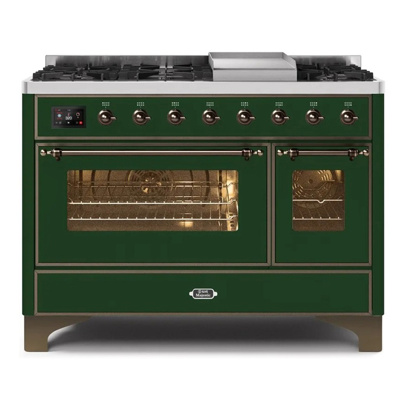 ILVE UM12FDNS3EGBLP Majestic II 48" Dual Fuel Range (Liquid Propane, Triple Glass Door, Emerald Green, Burnished)