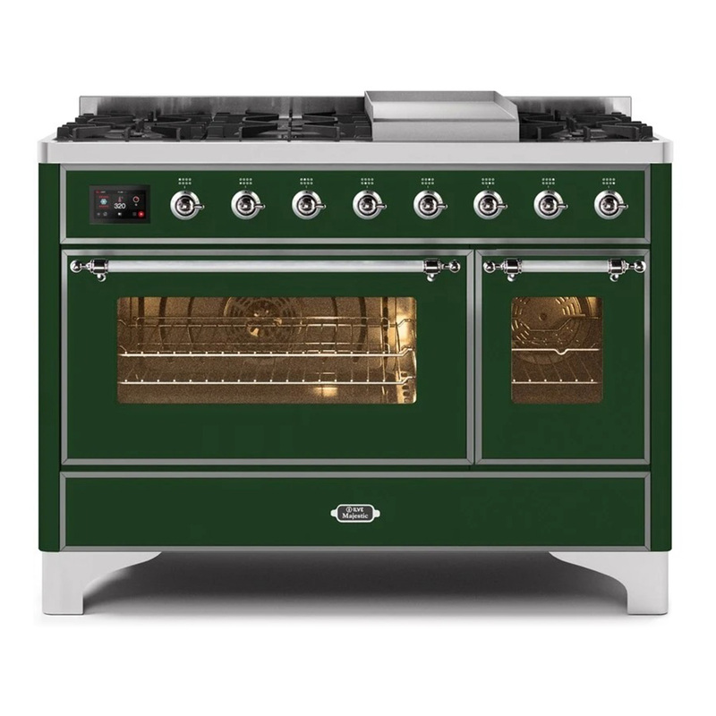 ILVE UM12FDNS3EGCLP Majestic II 48" Dual Fuel Range (Liquid Propane, Triple Glass Door, Emerald Green, Chrome)