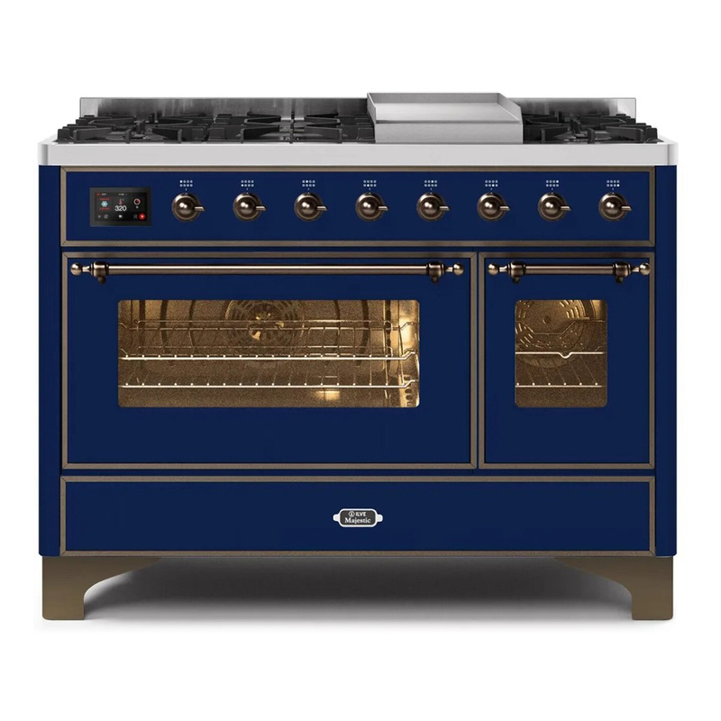 ILVE UM12FDNS3MBBLP Majestic II 48" Dual Fuel Range (Liquid Propane, Triple Glass Door, Midnight Blue, Bronze)