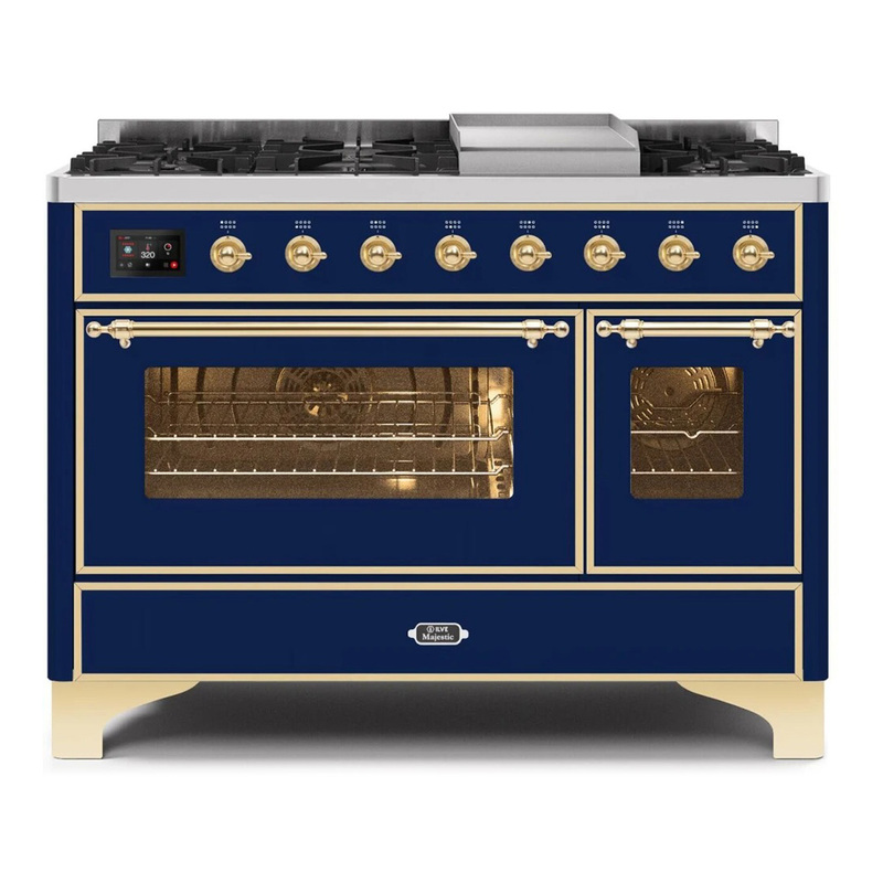 ILVE UM12FDNS3MBGLP Majestic II 48" Dual Fuel Range (Liquid Propane, Triple Glass Door, Midnight Blue, Brass)