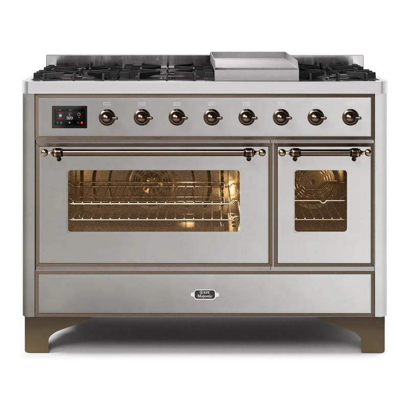 ILVE UM12FDNS3SSBLP Majestic II 48" Dual Fuel Range (Liquid Propane, Triple Glass Door, Stainless Steel, Burnished)