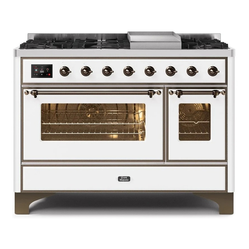 ILVE UM12FDNS3WHBLP Majestic II 48" Dual Fuel Range (Liquid Propane, Triple Glass Door, White, Burnished)