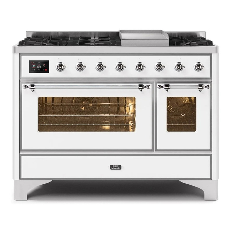 ILVE UM12FDNS3WHCLP Majestic II 48" Dual Fuel Range (Liquid Propane, Triple Glass Door, White, Chrome)