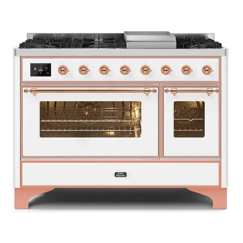 ILVE UM12FDNS3WHPLP Majestic II 48" Dual Fuel Range (Liquid Propane, Triple Glass Door, White, Copper)