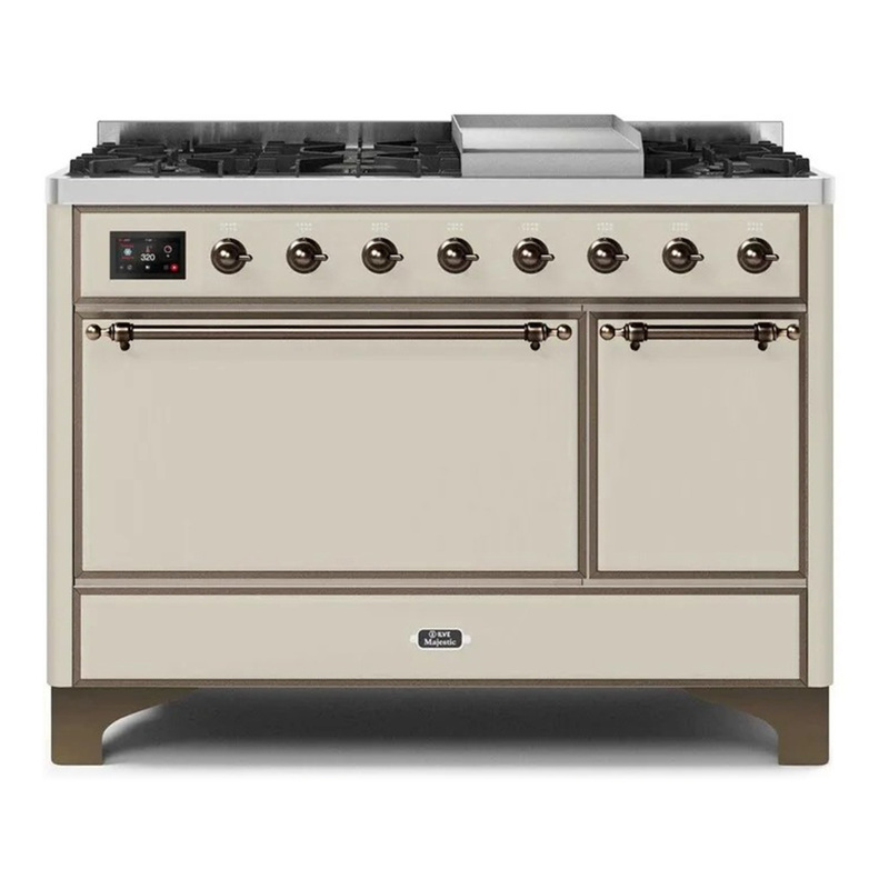 ILVE UM12FDQNS3AWBLP Majestic II 48" Dual Fuel Range (Liquid Propane, Solid Door, Antique White, Burnished)