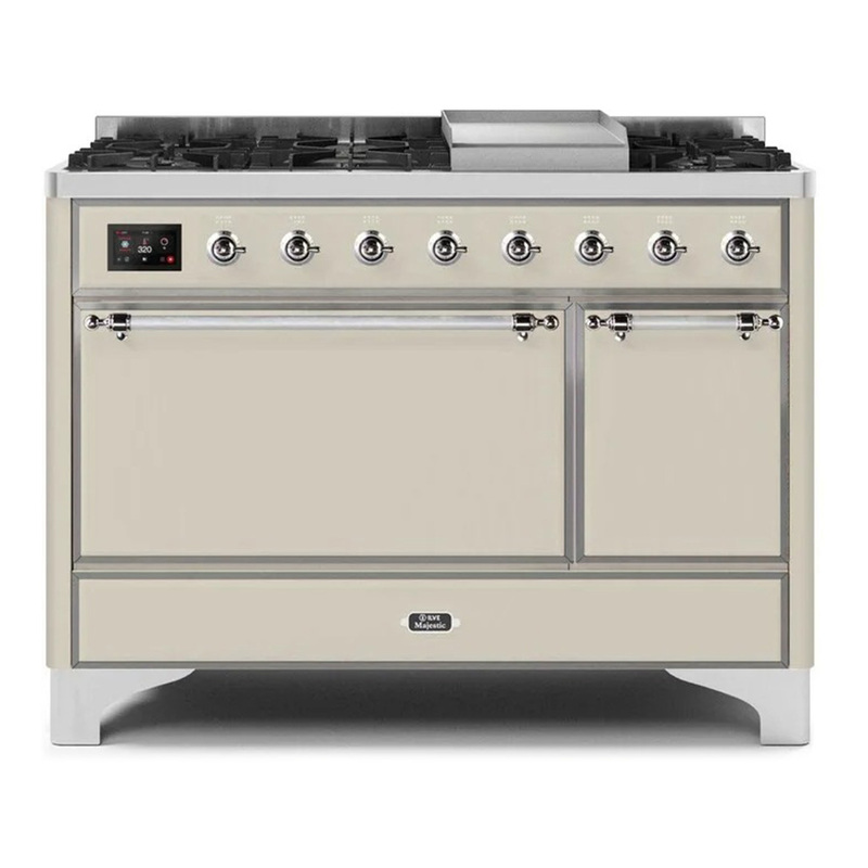 ILVE UM12FDQNS3AWCLP Majestic II 48" Dual Fuel Range (Liquid Propane, Solid Door, Antique White, Chrome)