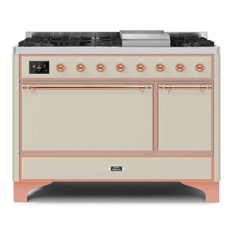 ILVE UM12FDQNS3AWPLP Majestic II 48" Dual Fuel Range (Liquid Propane, Solid Door, Antique White, Copper)