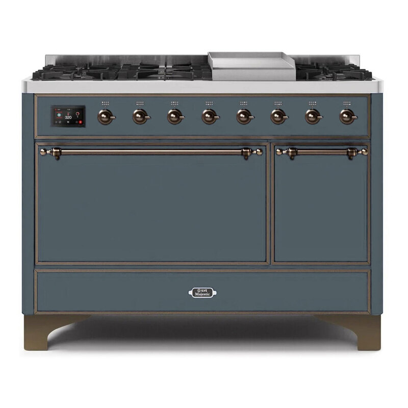 ILVE UM12FDQNS3BGBLP Majestic II 48" Dual Fuel Range (Liquid Propane, Solid Door, Blue Grey, Burnished)