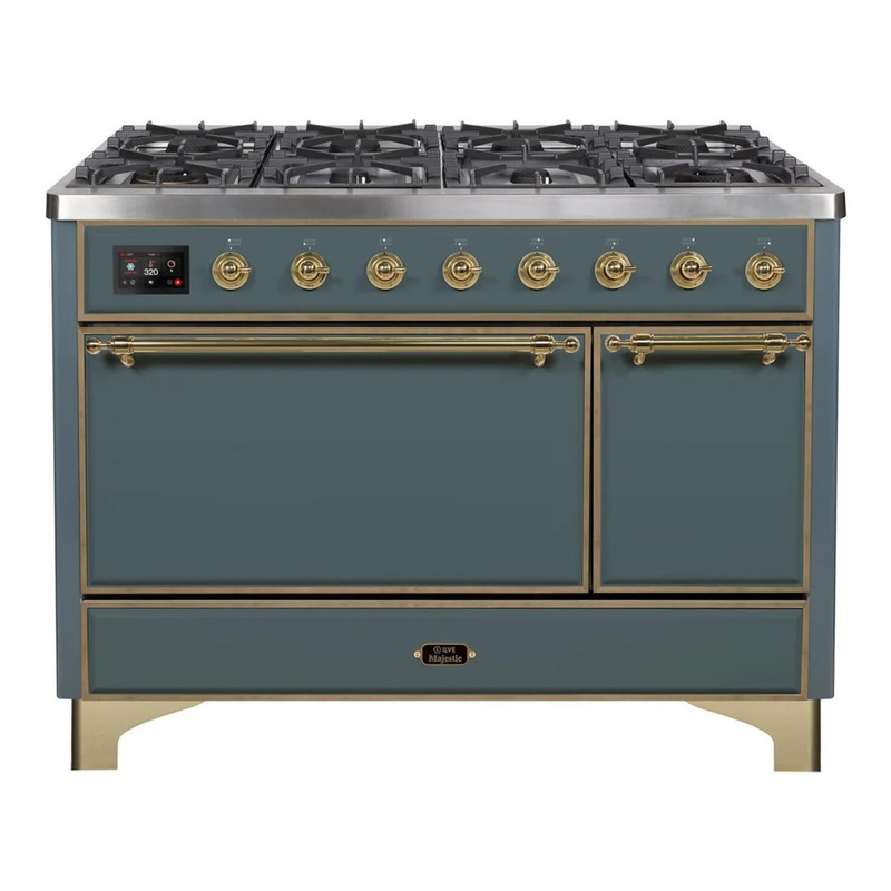 ILVE UM12FDQNS3BGGLP Majestic II 48" Dual Fuel Range (Liquid Propane, Solid Door, Blue Grey, Brass)