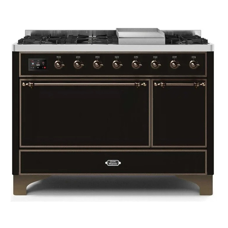 ILVE UM12FDQNS3BKBLP Majestic II 48" Dual Fuel Range (Liquid Propane, Solid Door, Glossy Black, Bronze)