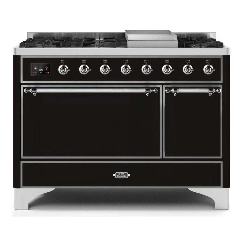 ILVE UM12FDQNS3BKCLP Majestic II 48" Dual Fuel Range (Liquid Propane, Solid Door, Glossy Black, Chrome)