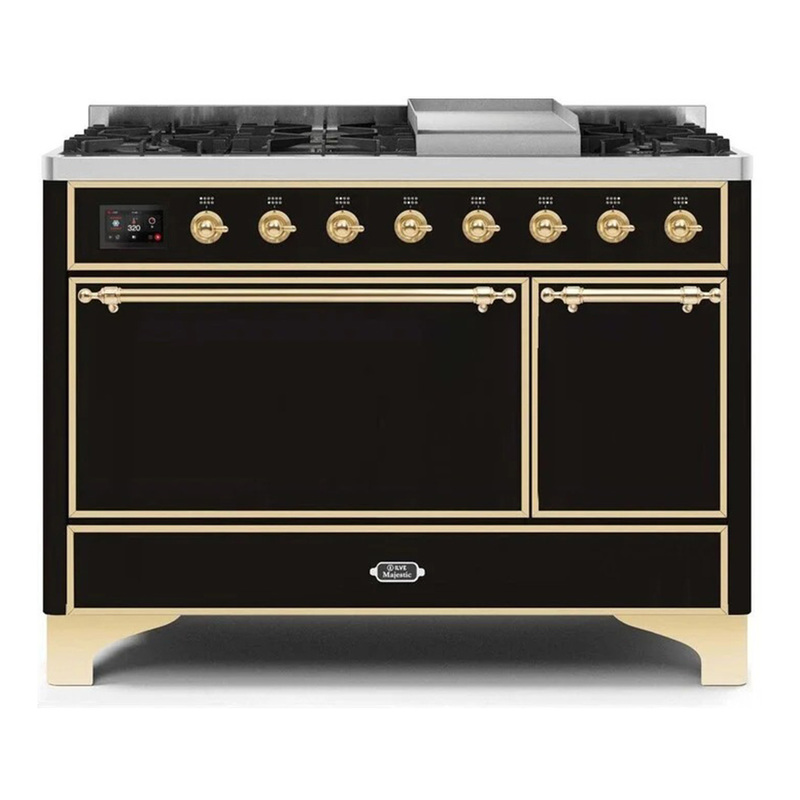 ILVE UM12FDQNS3BKGLP Majestic II 48" Dual Fuel Range (Liquid Propane, Solid Door, Glossy Black, Brass)