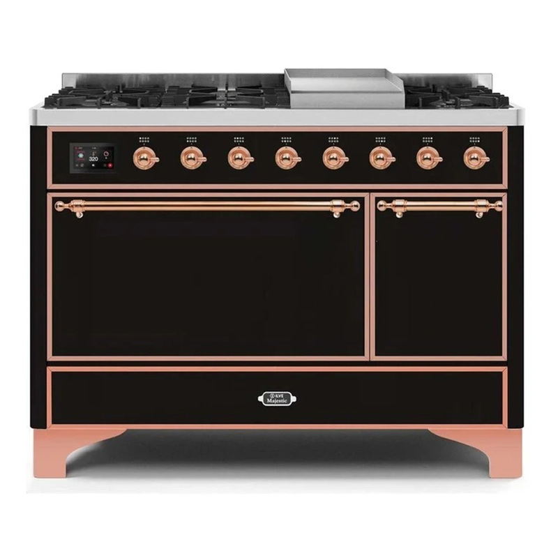 ILVE UM12FDQNS3BKPLP Majestic II 48" Dual Fuel Range (Liquid Propane, Solid Door, Glossy Black, Copper)