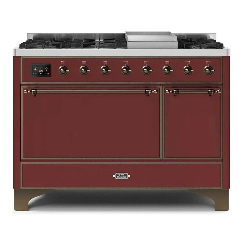 ILVE UM12FDQNS3BUBLP Majestic II 48" Dual Fuel Range (Liquid Propane, Solid Door, Burgundy, Bronze)