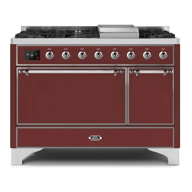 ILVE UM12FDQNS3BUCLP Majestic II 48" Dual Fuel Range (Liquid Propane, Solid Door, Burgundy, Chrome)