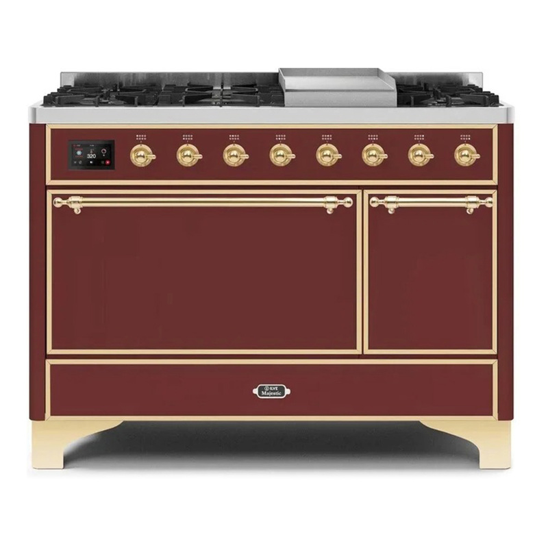 ILVE UM12FDQNS3BUGLP Majestic II 48" Dual Fuel Range (Liquid Propane, Solid Door, Burgundy, Brass)