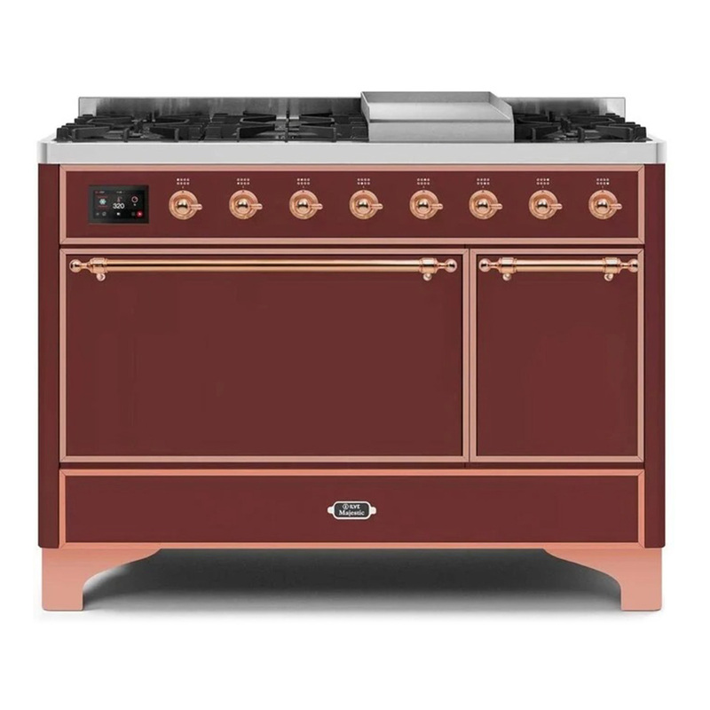 ILVE UM12FDQNS3BUPLP Majestic II 48" Dual Fuel Range (Liquid Propane, Solid Door, Burgundy, Copper)