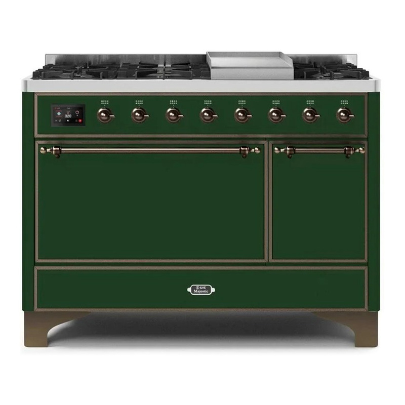 ILVE UM12FDQNS3EGBLP Majestic II 48" Dual Fuel Range (Liquid Propane, Solid Door, Emerald Green, Burnished)