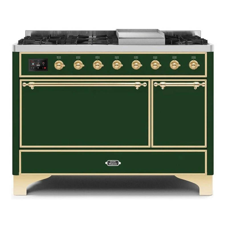 ILVE UM12FDQNS3EGGLP Majestic II 48" Dual Fuel Range (Liquid Propane, Solid Door, Emerald Green, Brass)