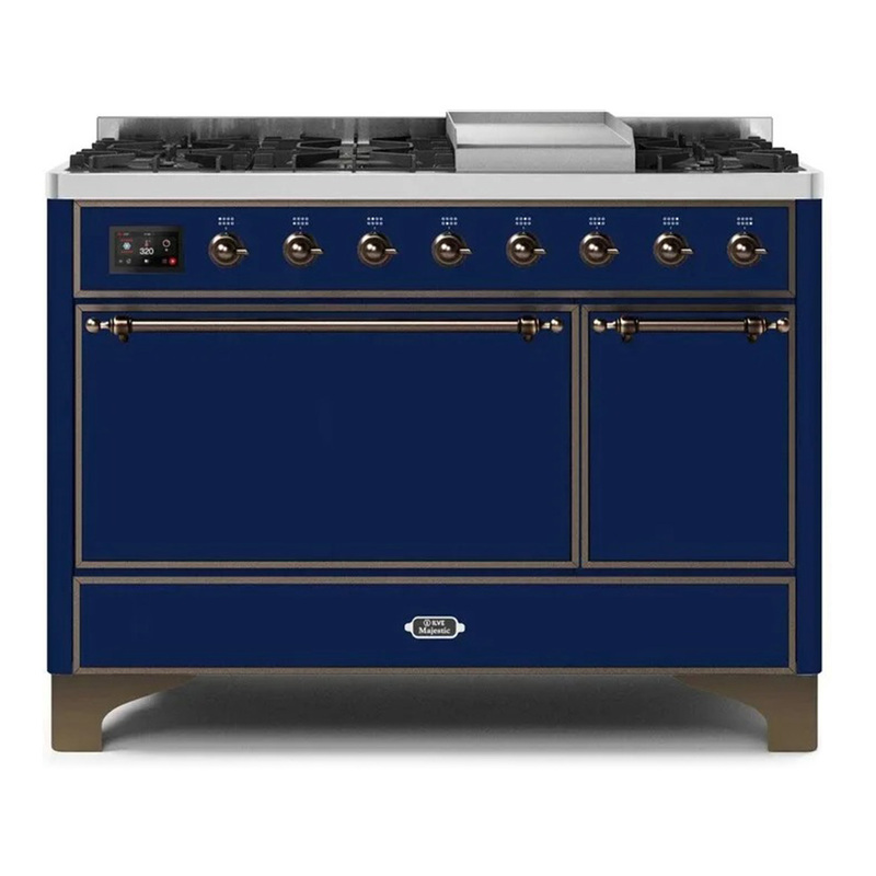 ILVE UM12FDQNS3MBBLP Majestic II 48" Dual Fuel Range (Liquid Propane, Solid Door, Midnight Blue, Bronze)